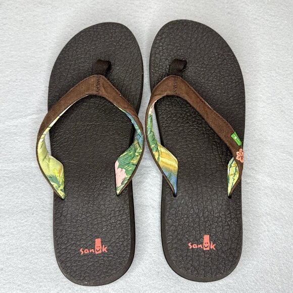 Sanuk Womens Sandals Yoga Mat Paradise Flip Flops Brown Thong Sz 9 Flat Slip On - Picture 2 of 6